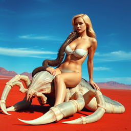 A beautiful white woman with big breasts and shiny blonde hair is sitting on the back of a giant Facehugger alien