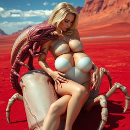 A beautiful white woman with big breasts and shiny blonde hair is sitting on the back of a giant Facehugger alien