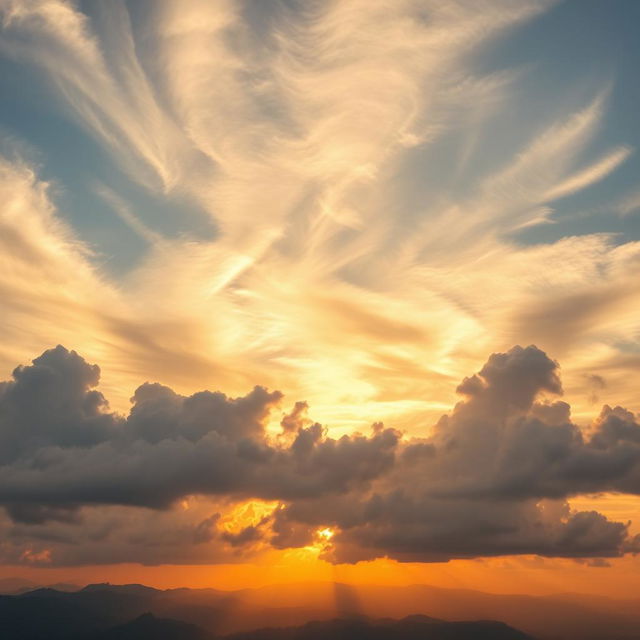 A breathtaking view of divine clouds in the sky, illuminated by the golden rays of the sun at sunset