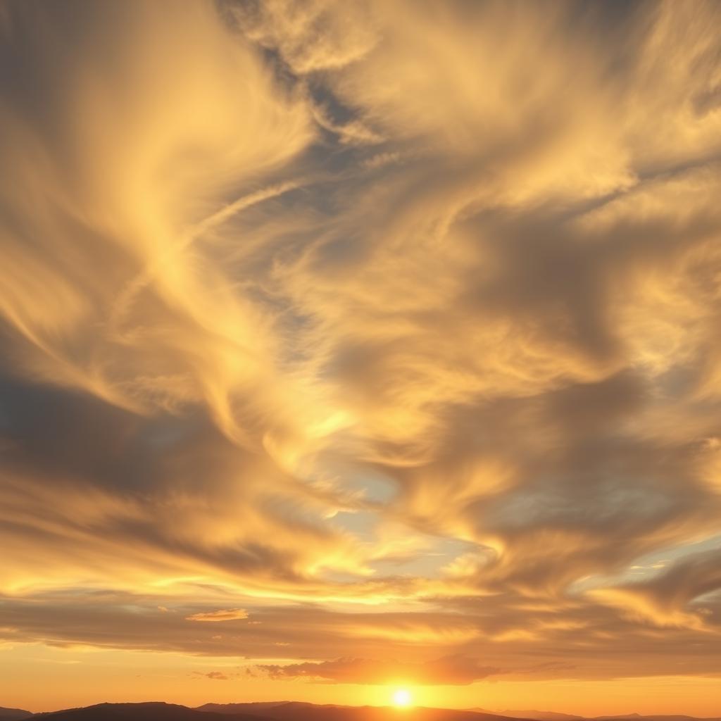 A breathtaking view of divine clouds in the sky, illuminated by the golden rays of the sun at sunset