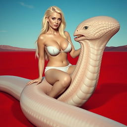 A white woman with shiny blonde hair and big breasts sits on a giant worm-like alien with translucent skin and majestic scales along its middle