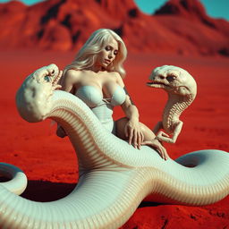 A white woman with shiny blonde hair and big breasts sits on a giant worm-like alien with translucent skin and majestic scales along its middle