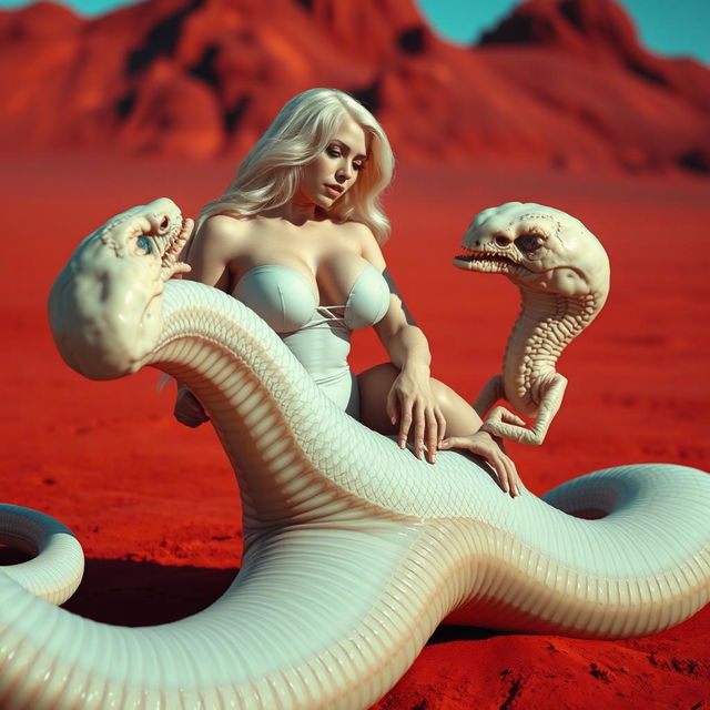 A white woman with shiny blonde hair and big breasts sits on a giant worm-like alien with translucent skin and majestic scales along its middle