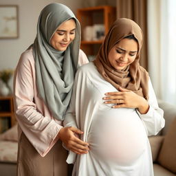 A pregnant woman in discomfort, accompanied by her supportive mother