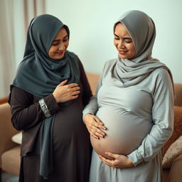 A pregnant woman in discomfort, accompanied by her supportive mother
