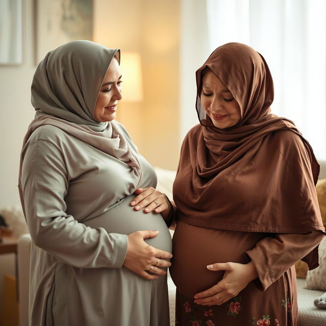 A pregnant woman in discomfort, accompanied by her supportive mother