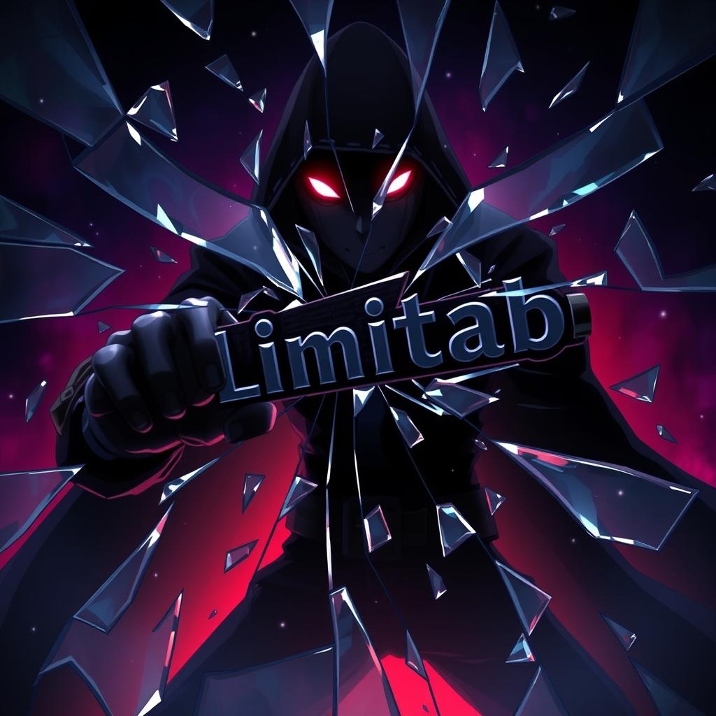 An intense anime scene featuring a menacing, shadowy villain breaking through shattered glass