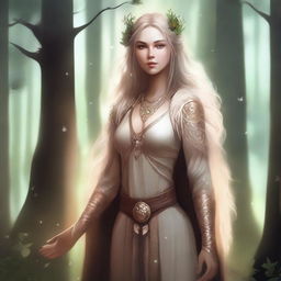 A digital art of a female Aasimar Druid in highest quality