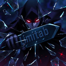 An intense anime scene featuring a menacing, shadowy villain breaking through shattered glass