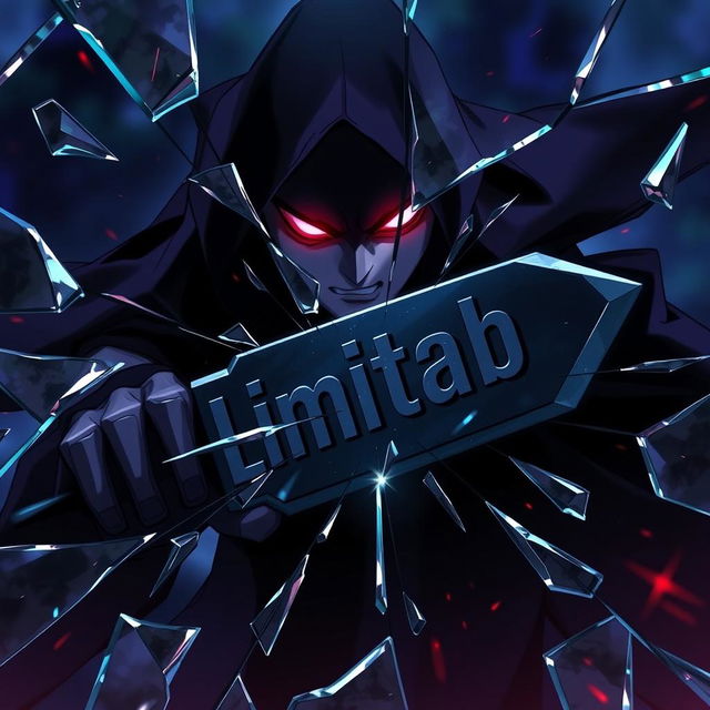 An intense anime scene featuring a menacing, shadowy villain breaking through shattered glass