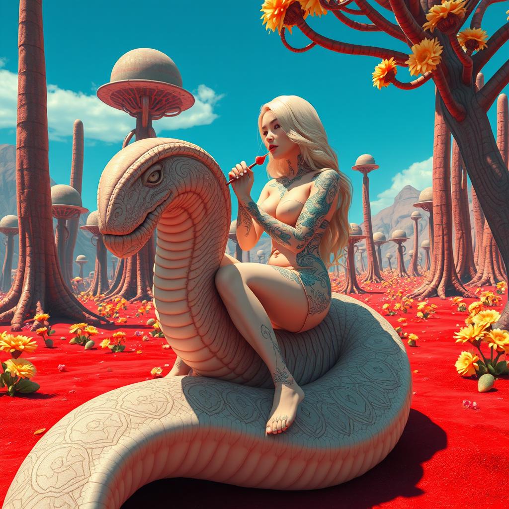 A white woman with big boobs, shiny blonde hair, adorned with intricate alien tattoos, riding on a giant worm-like alien