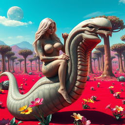 A white woman with big boobs, shiny blonde hair, adorned with intricate alien tattoos, riding on a giant worm-like alien