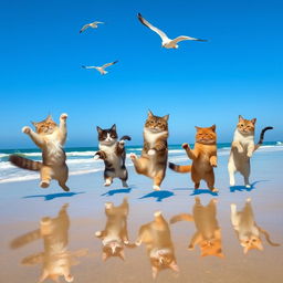 A whimsical scene of five playful cats dancing joyfully on a sunny beach