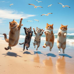 A whimsical scene of five playful cats dancing joyfully on a sunny beach