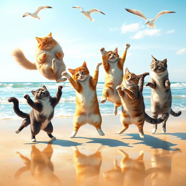 A whimsical scene of five playful cats dancing joyfully on a sunny beach