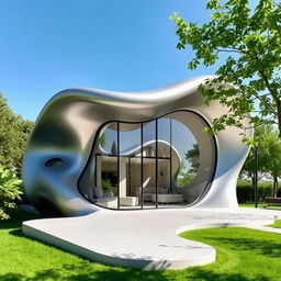 A small house inspired by the Heydar Aliyev Center in Baku designed by Zaha Hadid, featuring flowing, organic shapes and smooth curves
