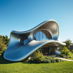 A small house inspired by the Heydar Aliyev Center in Baku designed by Zaha Hadid, featuring flowing, organic shapes and smooth curves