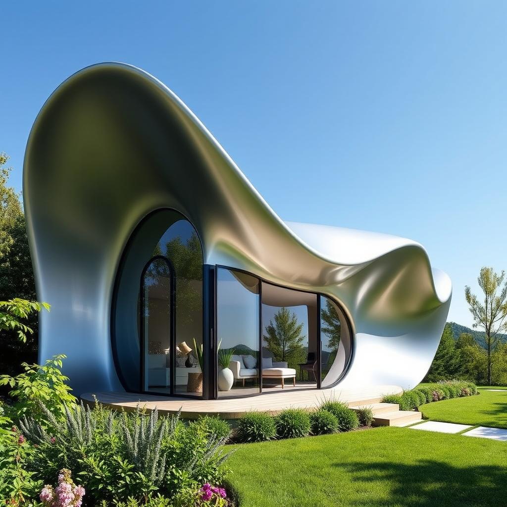 A small house inspired by the Heydar Aliyev Center in Baku designed by Zaha Hadid, featuring flowing, organic shapes and smooth curves