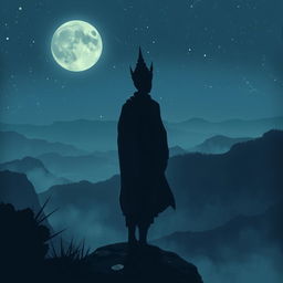 A melancholic scene depicting a lone figure standing on a cliff overlooking a moonlit landscape, filled with emotion and longing for their hometown