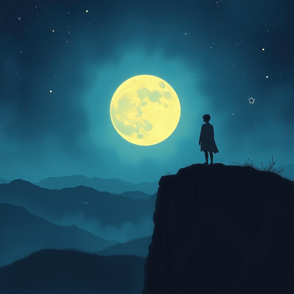 A melancholic scene depicting a lone figure standing on a cliff overlooking a moonlit landscape, filled with emotion and longing for their hometown