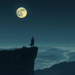 A melancholic scene depicting a lone figure standing on a cliff overlooking a moonlit landscape, filled with emotion and longing for their hometown