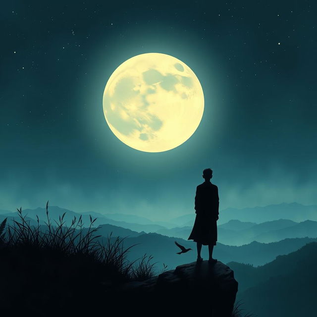 A melancholic scene depicting a lone figure standing on a cliff overlooking a moonlit landscape, filled with emotion and longing for their hometown