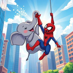 A whimsical illustration of Spider-Man playfully interacting with an elephant in a vibrant cityscape