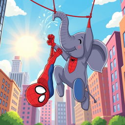 A whimsical illustration of Spider-Man playfully interacting with an elephant in a vibrant cityscape