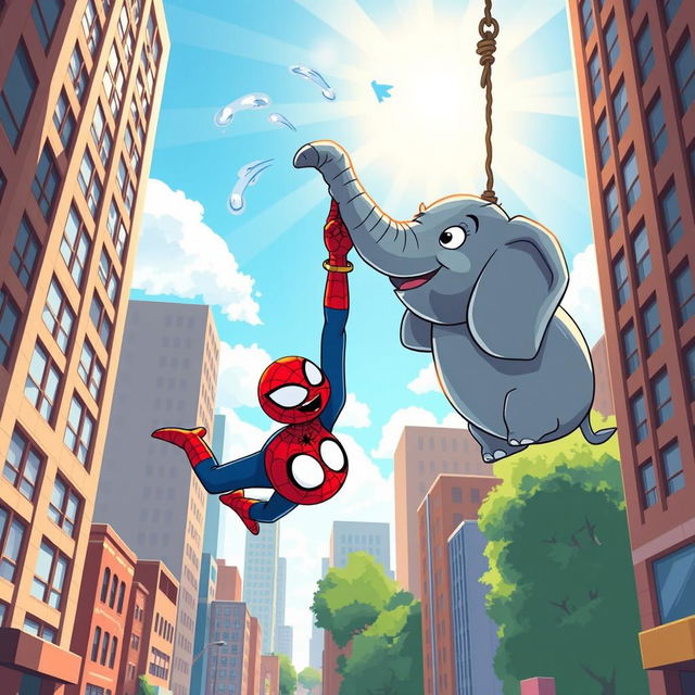 A whimsical illustration of Spider-Man playfully interacting with an elephant in a vibrant cityscape