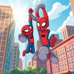 A whimsical illustration of Spider-Man playfully interacting with an elephant in a vibrant cityscape