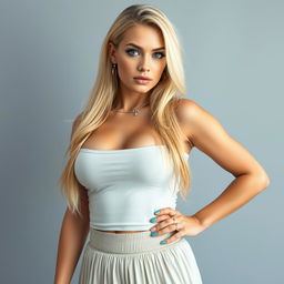A full-body portrait of a 23-year-old Norwegian woman, 5'9", with gorgeous, thick blonde hair cascading down her shoulders