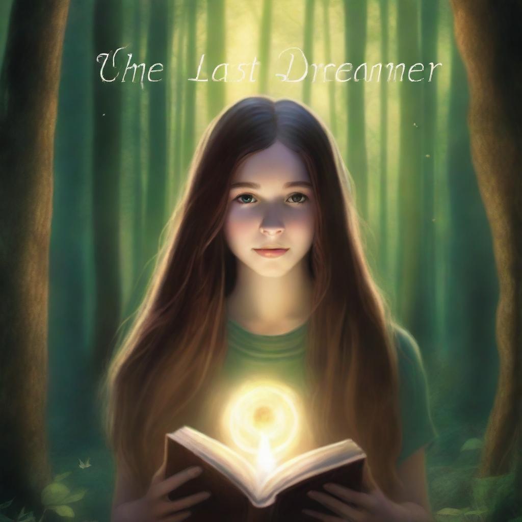 A high-definition artistic image featuring a girl with long brown hair in a forest, holding a book and surrounded by a glowing ring of light