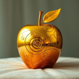 A stunning apple made entirely of gold, reflecting light in a mesmerizing way