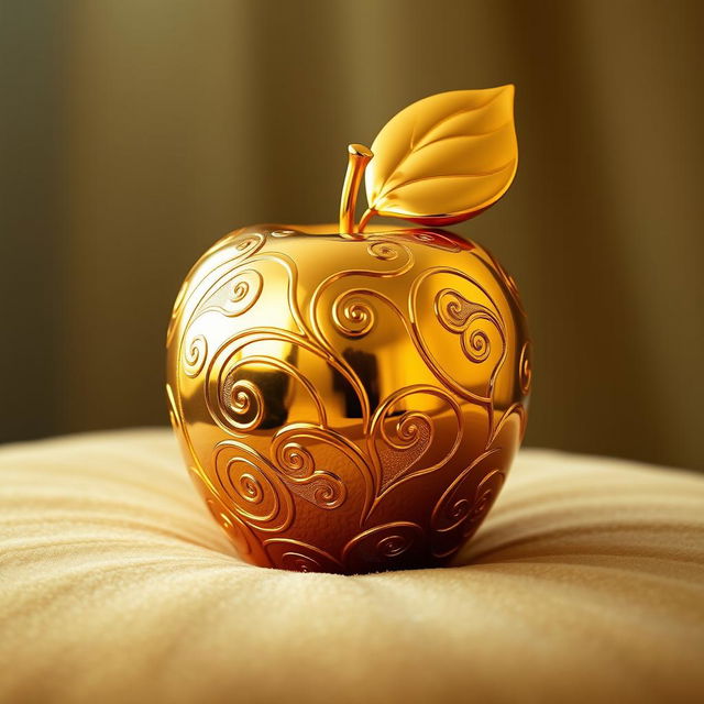 A stunning apple made entirely of gold, reflecting light in a mesmerizing way