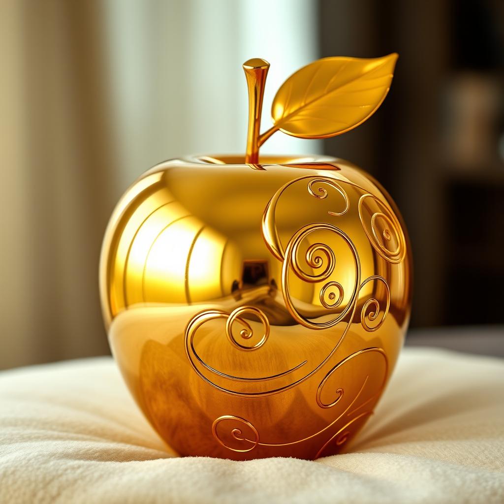 A stunning apple made entirely of gold, reflecting light in a mesmerizing way