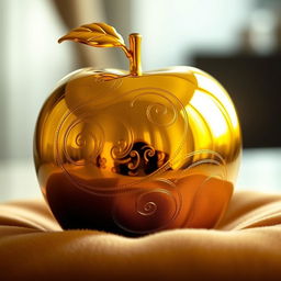 A stunning apple made entirely of gold, reflecting light in a mesmerizing way