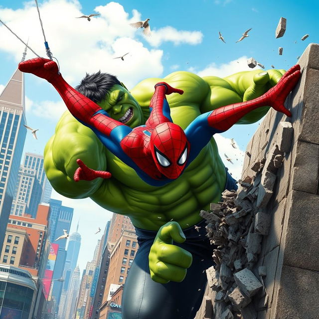 A dynamic and action-packed scene featuring Spider-Man and the Hulk teaming up in a vibrant city environment