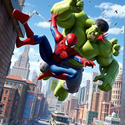 A dynamic and action-packed scene featuring Spider-Man and the Hulk teaming up in a vibrant city environment