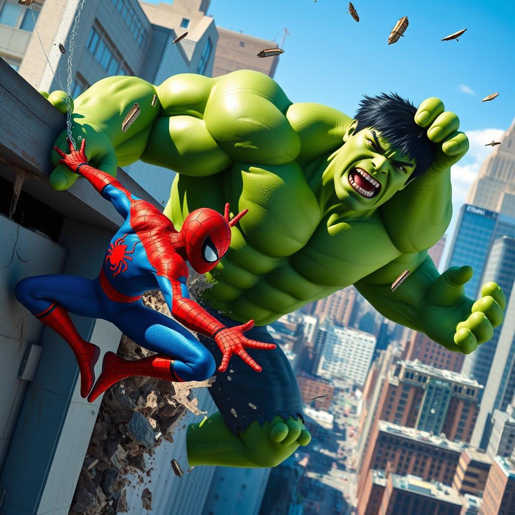 A dynamic and action-packed scene featuring Spider-Man and the Hulk teaming up in a vibrant city environment