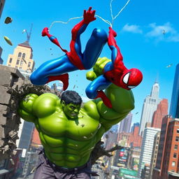 A dynamic and action-packed scene featuring Spider-Man and the Hulk teaming up in a vibrant city environment