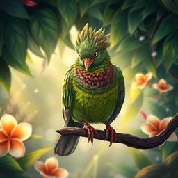 A vividly detailed illustration of an angry Javanese dove (perkutut), perched on a branch