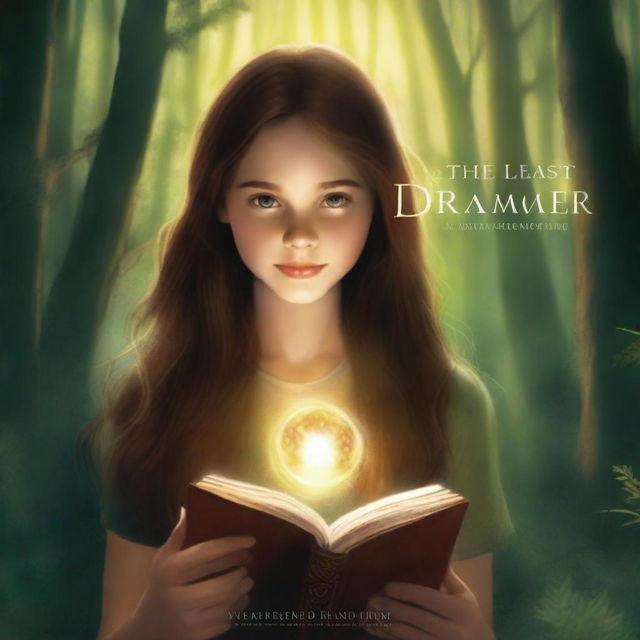 A high-definition artistic image featuring a girl with long brown hair in a forest, holding a book and surrounded by a glowing ring of light