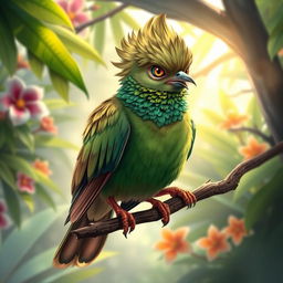 A vividly detailed illustration of an angry Javanese dove (perkutut), perched on a branch