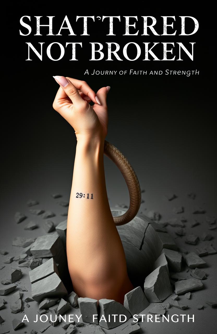 A striking and surreal image of a female left arm emerging from a shattered base, emphasizing the theme of resilience