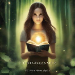 A high-definition artistic image featuring a girl with long brown hair in a forest, holding a book and surrounded by a glowing ring of light