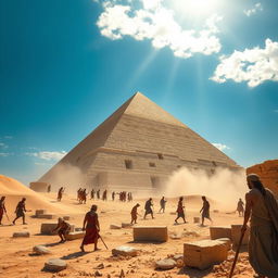 A scene depicting humans working on a construction site of a grand pyramid, showcasing workers using ancient tools, with a backdrop of sand dunes and a bright blue sky
