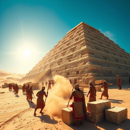 A scene depicting humans working on a construction site of a grand pyramid, showcasing workers using ancient tools, with a backdrop of sand dunes and a bright blue sky