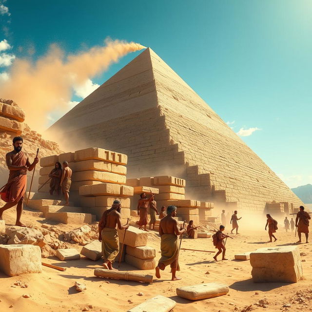 A scene depicting humans working on a construction site of a grand pyramid, showcasing workers using ancient tools, with a backdrop of sand dunes and a bright blue sky