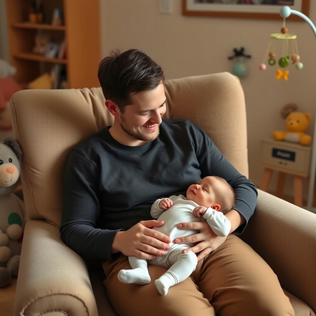 A warm and cozy scene featuring a parent sitting in a comfortable chair, gently holding their baby in their lap