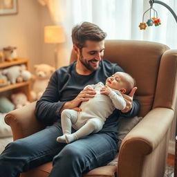 A warm and cozy scene featuring a parent sitting in a comfortable chair, gently holding their baby in their lap